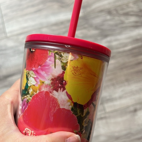 Teavana 20 ounce tumbler straw pink floral hibiscus flowers red green cup - Picture 4 of 6